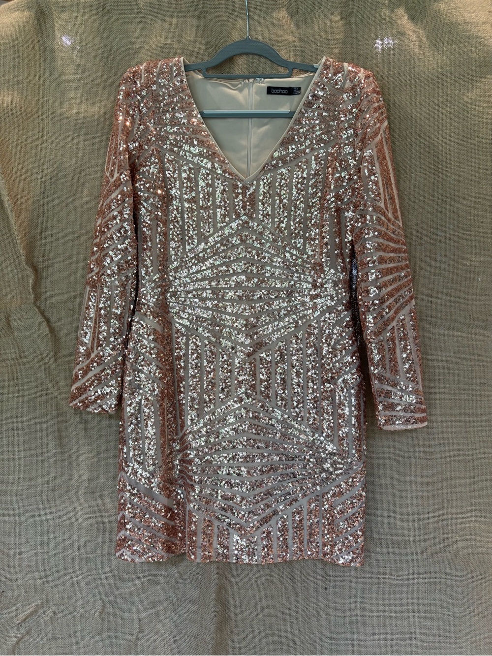 Boohoo Rose Gold Sequin Long Sleeve V-Neck Mini Dress